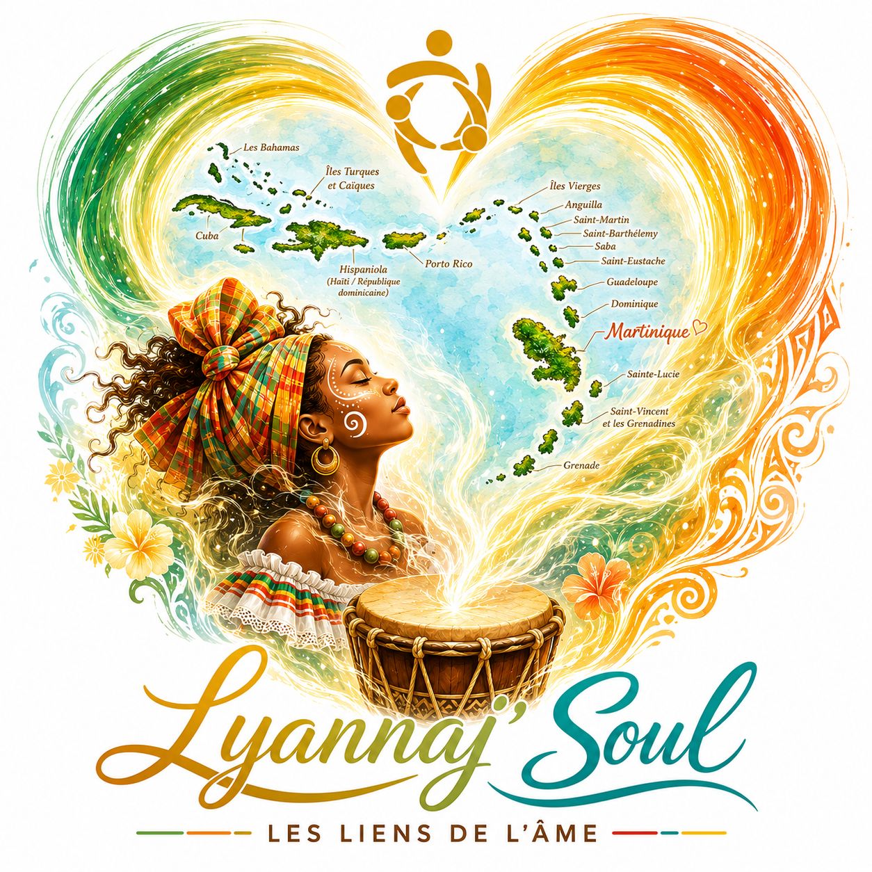 Lyannaj Soul, les liens de l’âme : une femme caribéenne, un tambour et les îles des Caraïbes réunis dans un cœur.